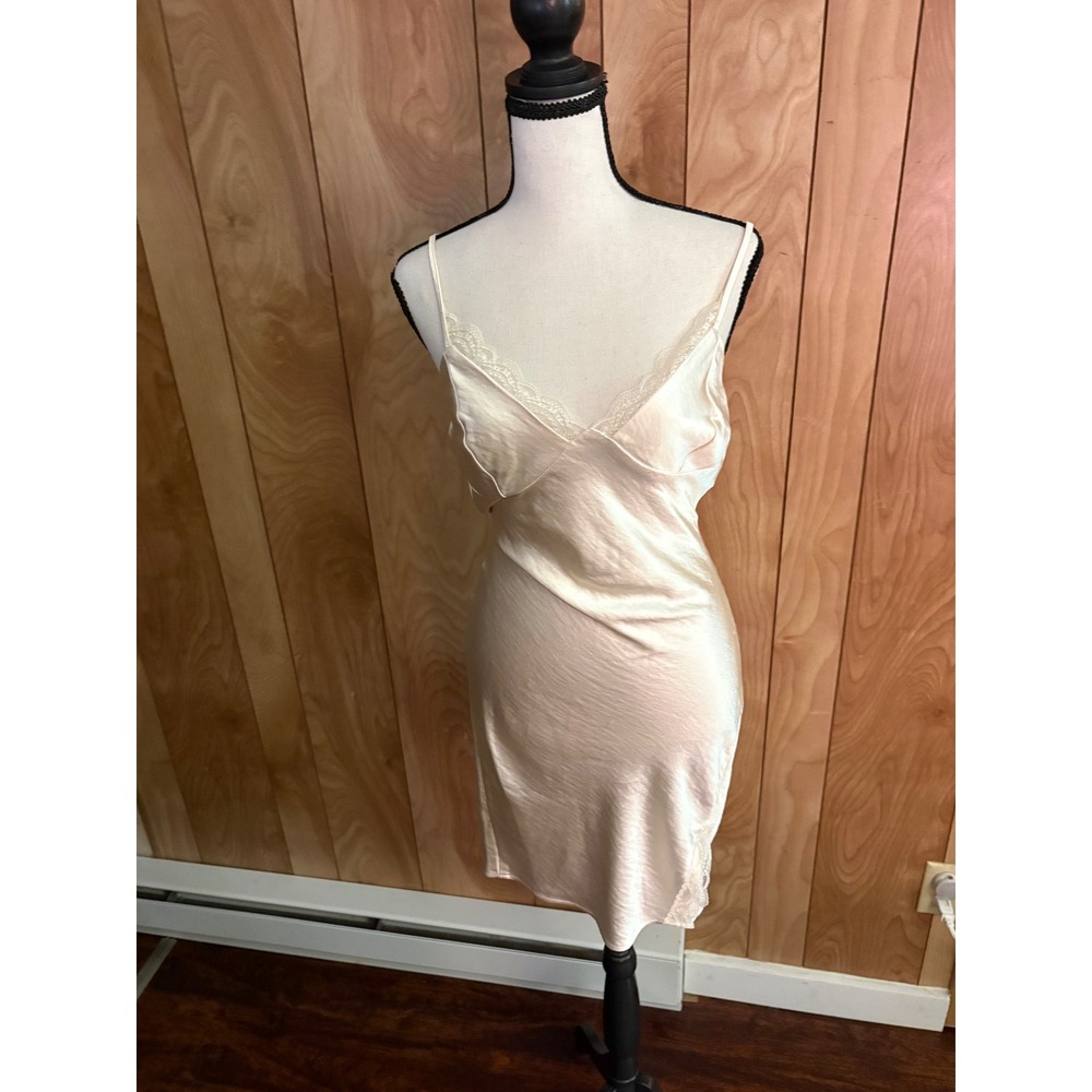 Forever 21 Cream Satin Lace Trim Slip Dress Open Tie Back Mini Small